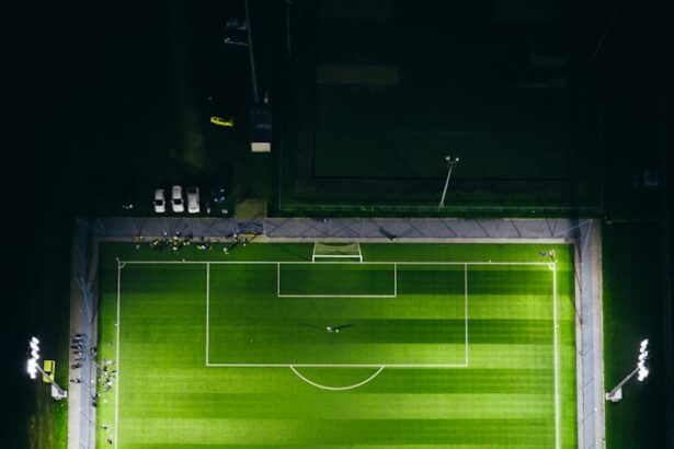 bird's-eye view photography of green soccer field with lights